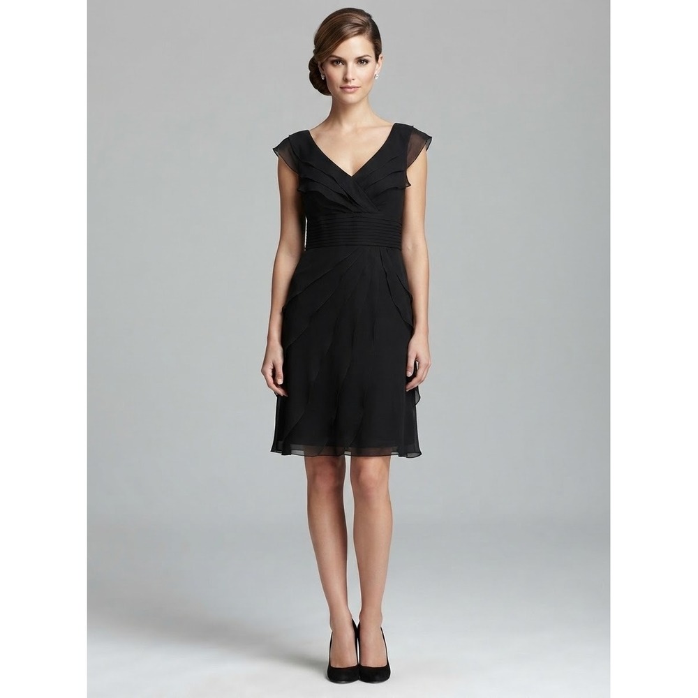 Adrianna Papell Occasions Black Tiered Chiffon V-Neck Cocktail Dress Size 16